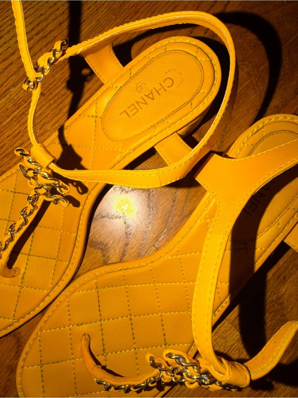 VINTAGE CHANEL Yellow Quilted T-Strap Sandals with Chain CC